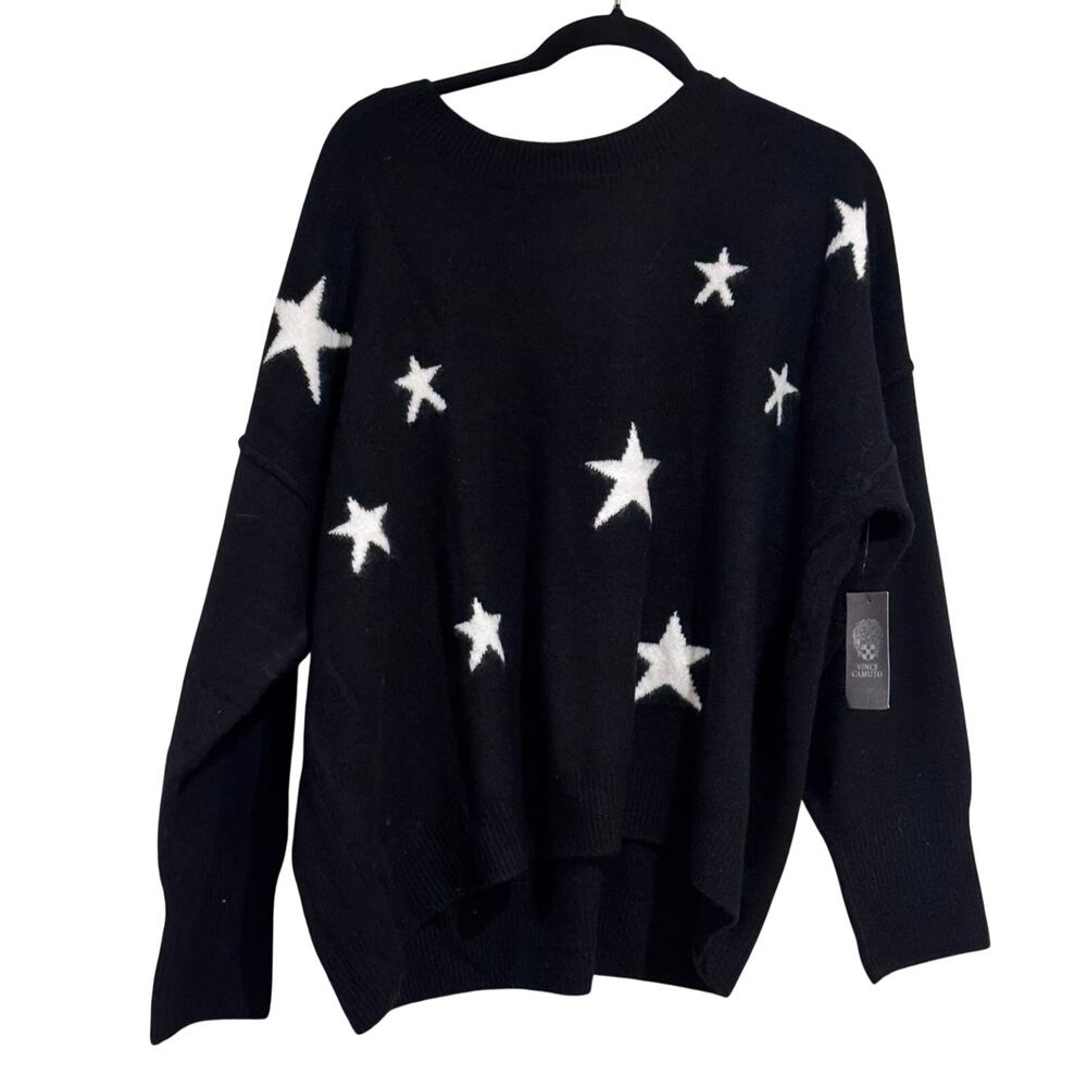 Vince Camuto Crewneck Lurex Star Sweater in Rich Black White Stars Size XL NWT - Picture 3 of 10
